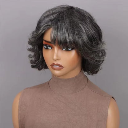 Premium Curly Bob Human Hair Wig 8” Grey with Bangs | Brazilian Remy Short Wig for Women Daily Use