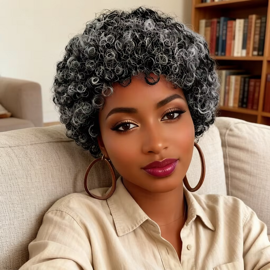 Salt and Pepper Short Curly Human Hair Wig – Afro Kinky Pixie Cut