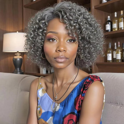 Salt & Pepper Curly Gray Human Hair Wig for Women – Short Kinky Deep Wave Glueless Natural Look Wig