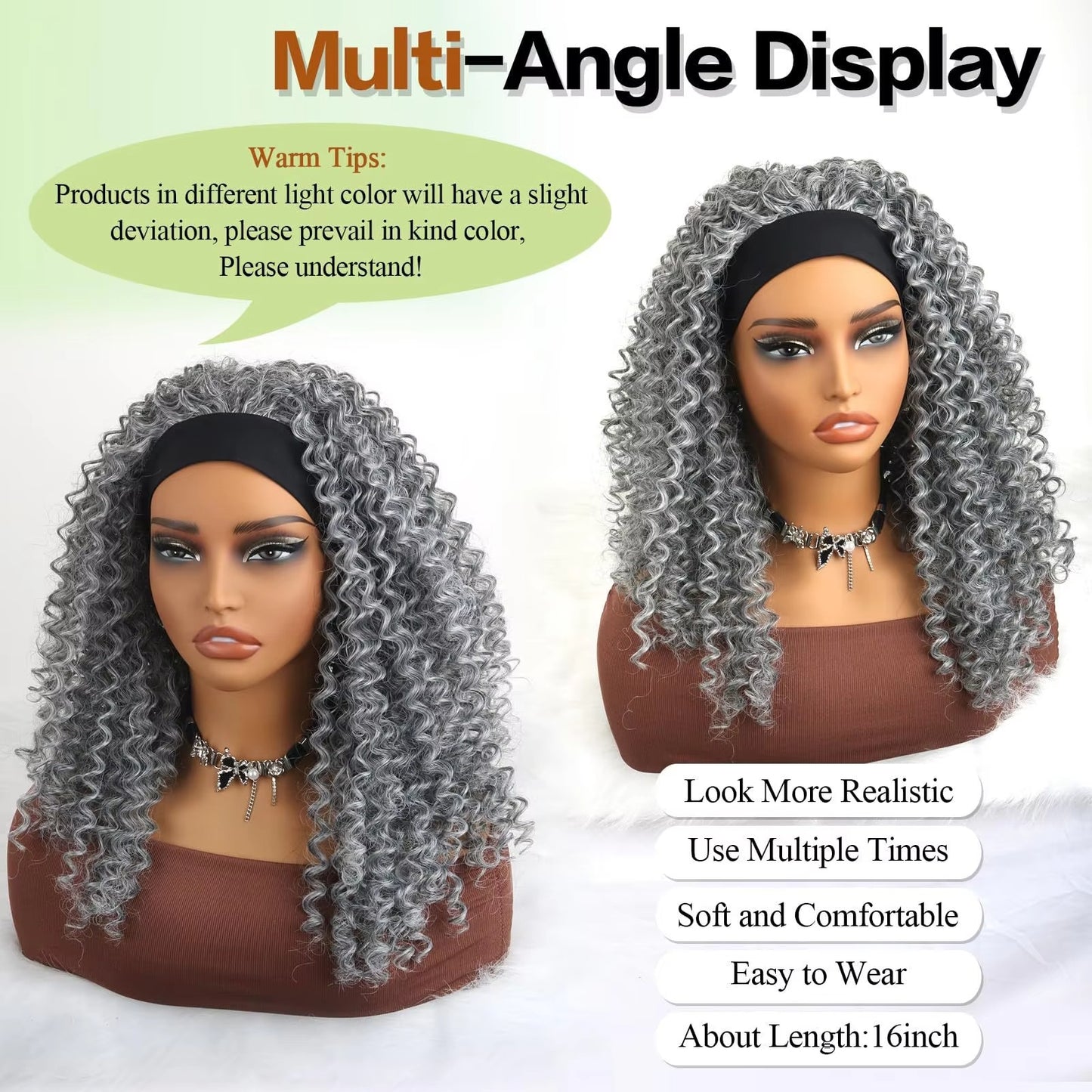 16" Grey Afro Kinky Curly Headband Wig – Synthetic Full Wig
