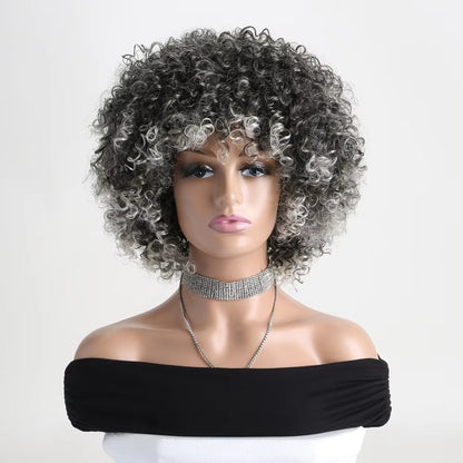 12" Salt and Pepper Curly Wig – Short Grey Synthetic Wig with Bangs