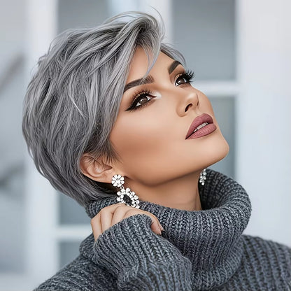 Natural Gray Short Bob Pixie Cut Synthetic Wig with Bangs