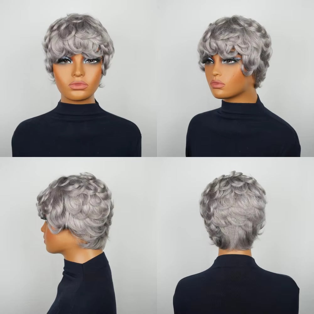 Gray Short Finger Wave Pixie Cut Human Hair Wig for Women