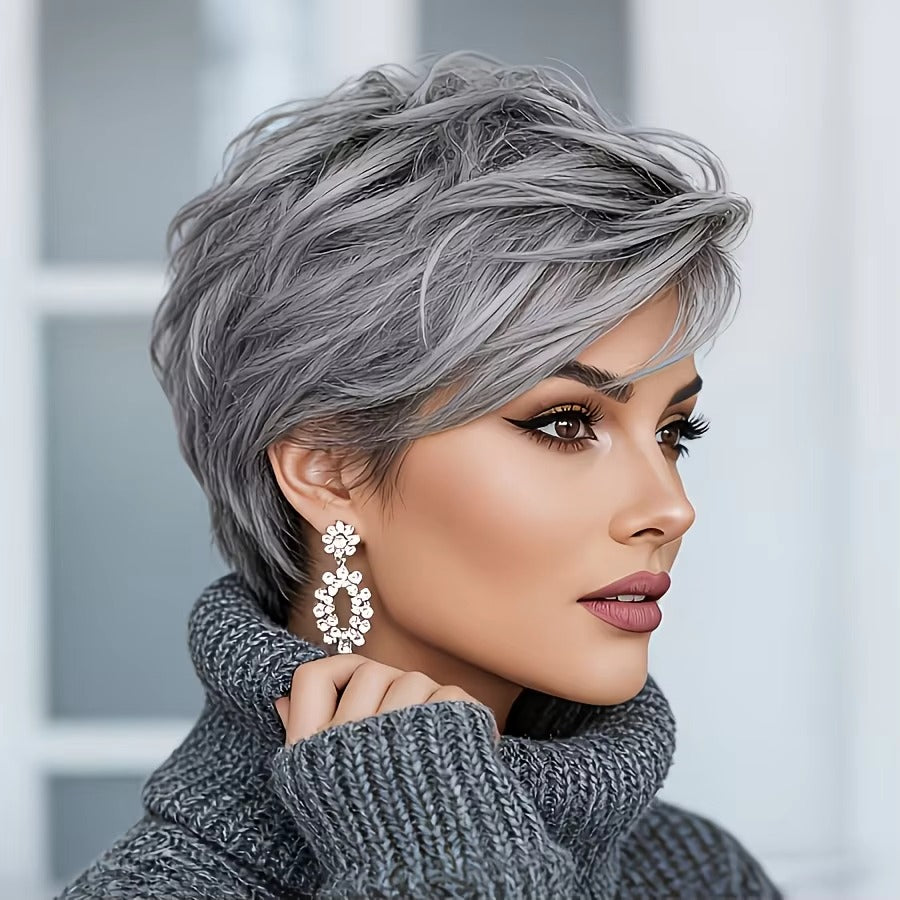 Natural Gray Short Bob Pixie Cut Synthetic Wig with Bangs