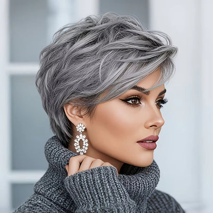 Natural Gray Short Bob Pixie Cut Synthetic Wig with Bangs