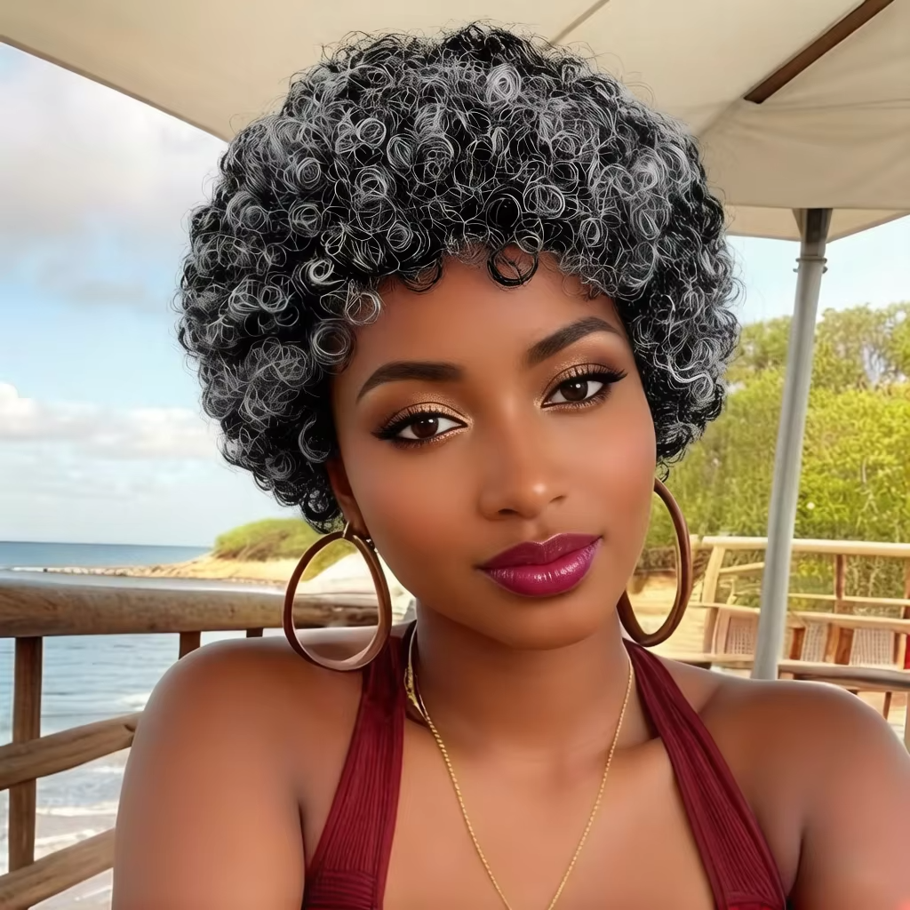 Salt and Pepper Short Curly Human Hair Wig – Afro Kinky Pixie Cut