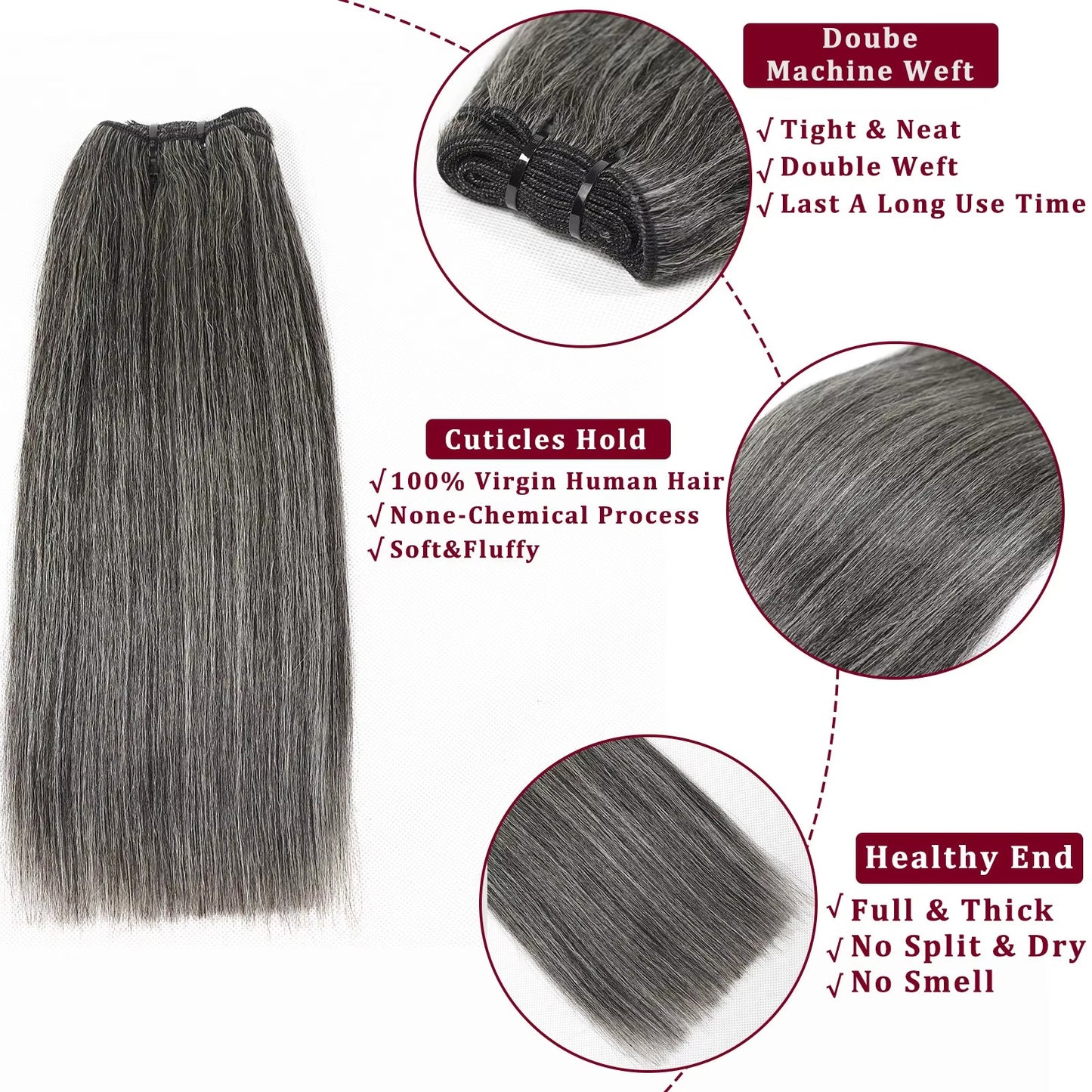 Salt and Pepper Yaki Straight Sew In Weft | Gray Human Hair