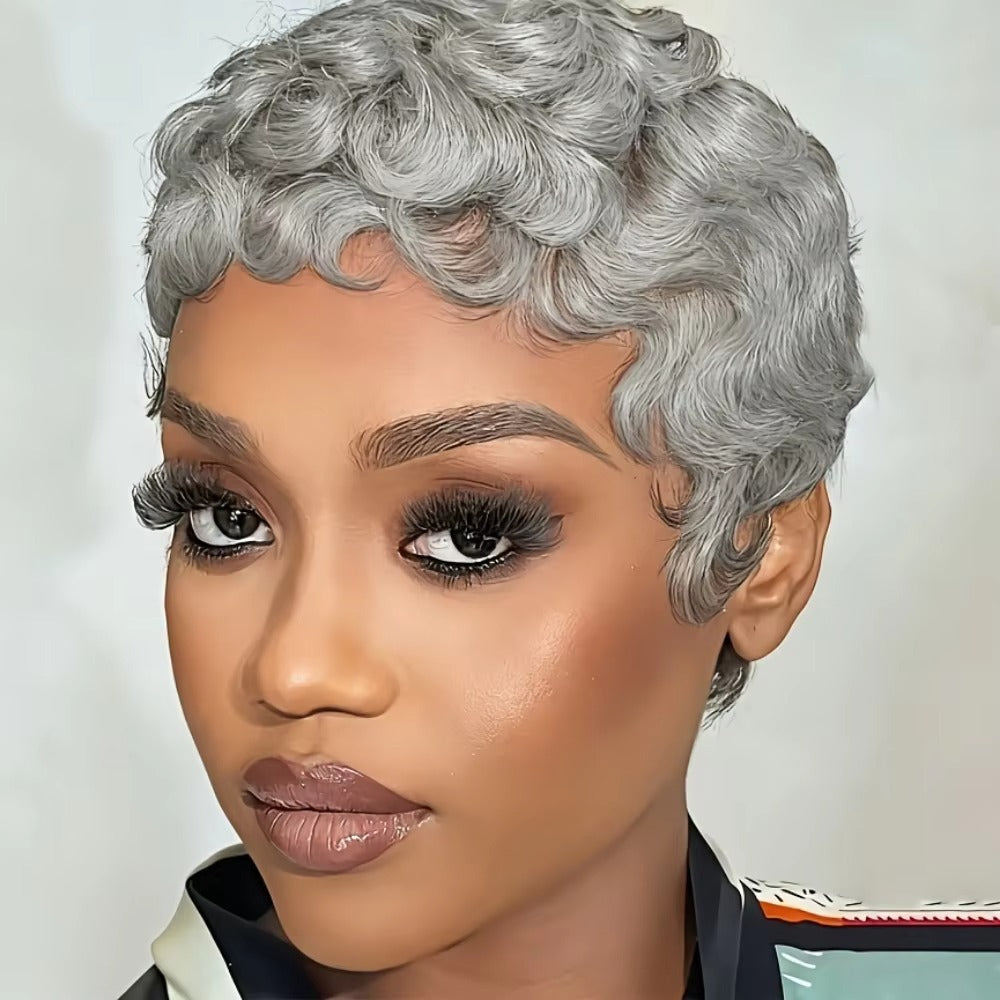 613 Blonde Short Curly Pixie Cut Human Hair Wig with Bangs