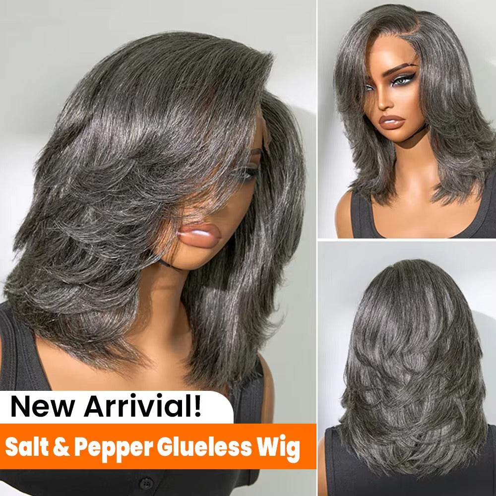Layered Wave Salt & Pepper Human Hair Wig | 5x5 Pre-Cut Glueless Lace