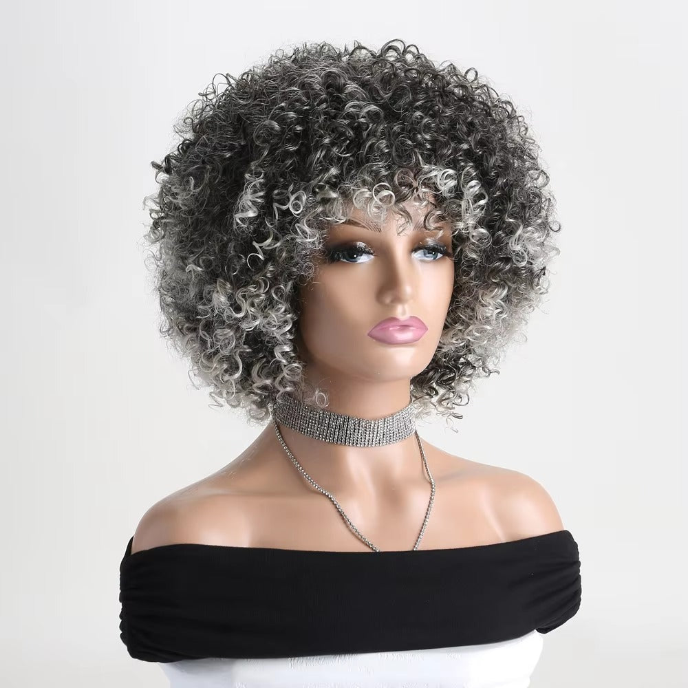 12" Salt and Pepper Curly Wig – Short Grey Synthetic Wig with Bangs