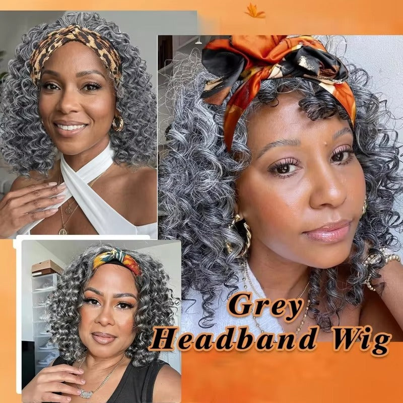 12" Grey Headband Wig – Short Curly Deep Wave Synthetic Wig