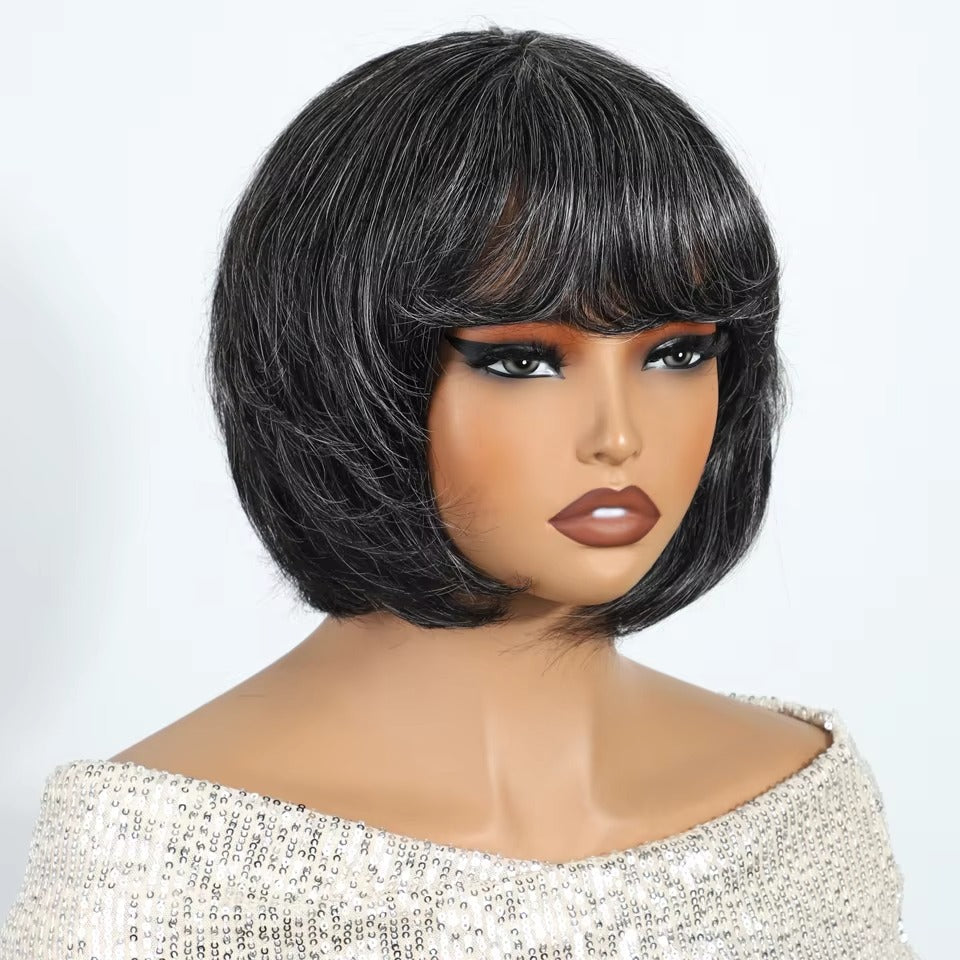 Salt and Pepper Gray Short Pixie Cut Human Hair Wig with Bangs