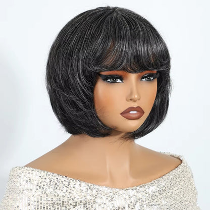 Salt and Pepper Gray Short Pixie Cut Human Hair Wig with Bangs