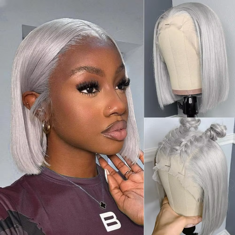 Straight Short Bob Grey Human Hair Wig | 13x4 Lace Frontal