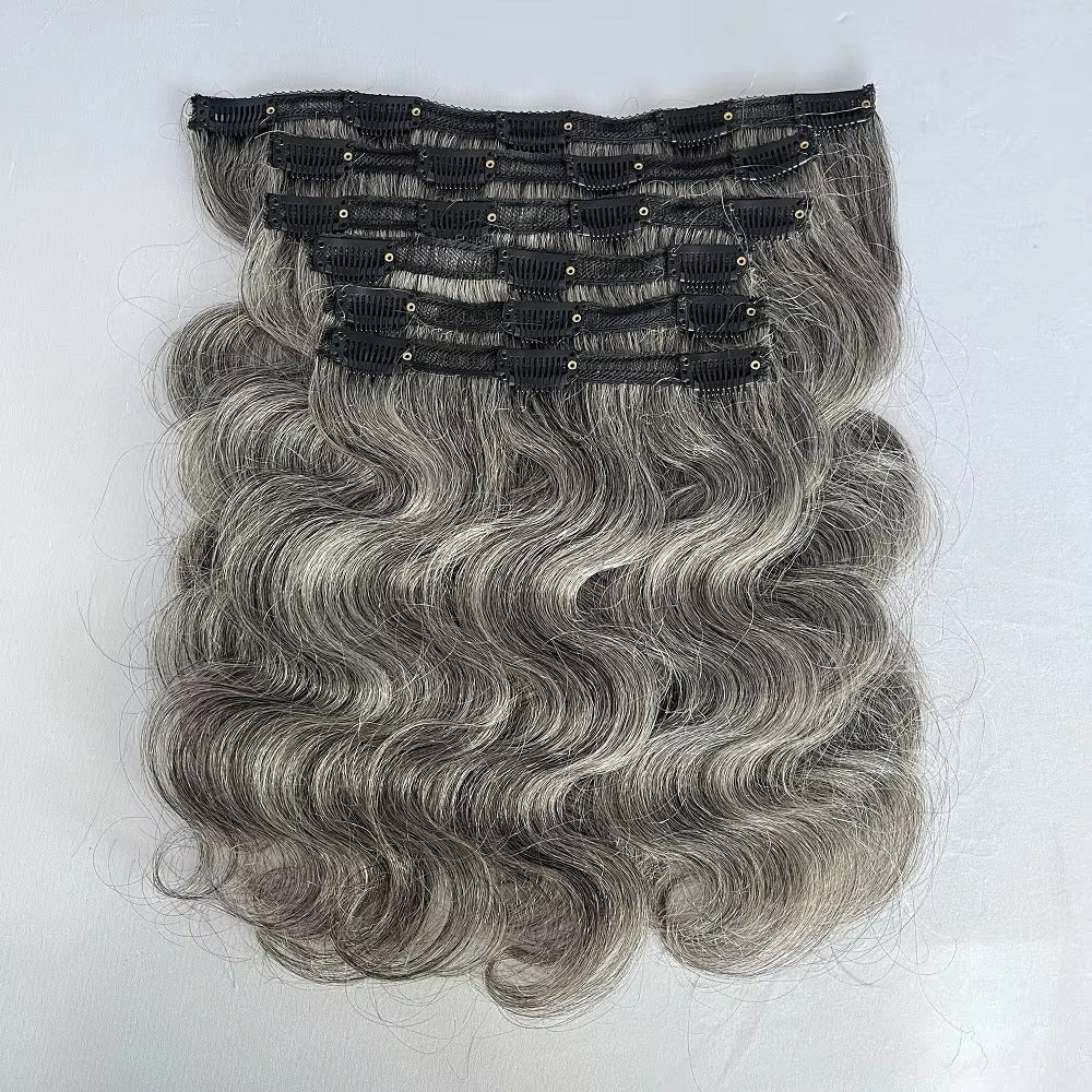 Salt and Pepper Body Wave Clip In Hair Extensions | Human Hair