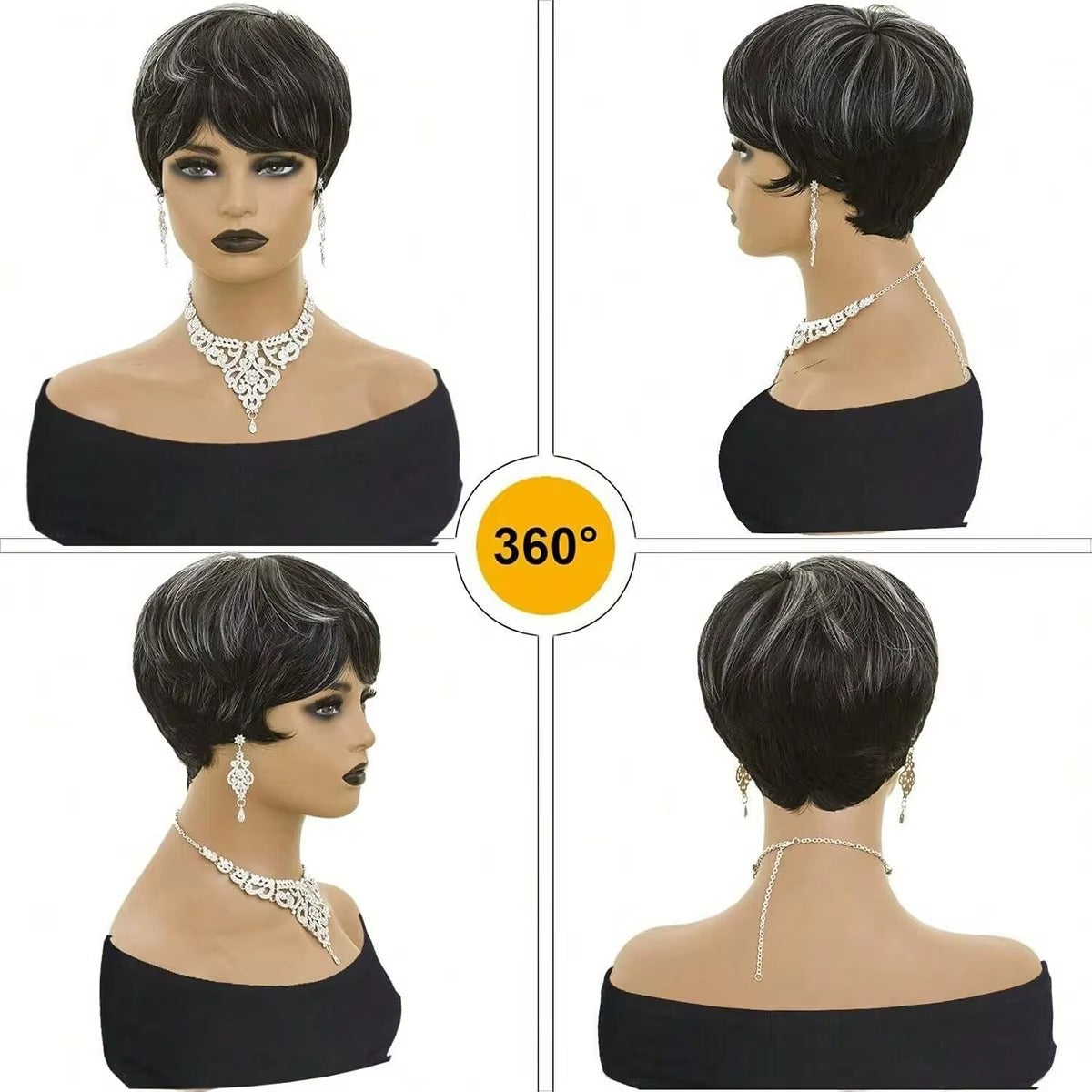 Black Mixed Grey Short Pixie Cut Synthetic Wig with Bangs