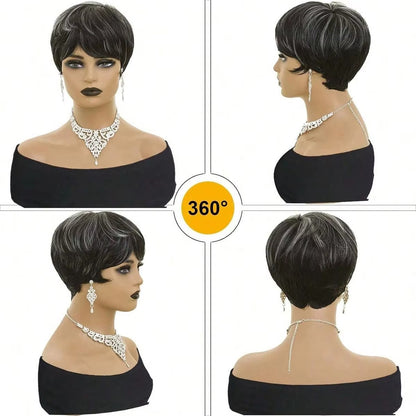 Black Mixed Grey Short Pixie Cut Synthetic Wig with Bangs