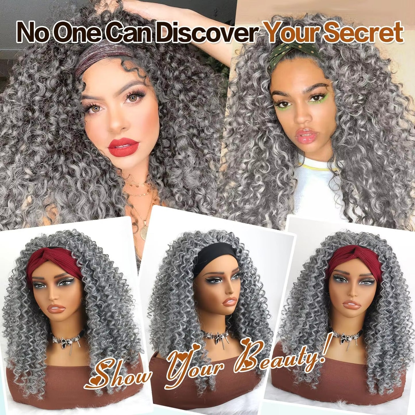 16" Grey Afro Kinky Curly Headband Wig – Synthetic Full Wig