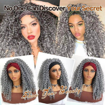 16" Grey Afro Kinky Curly Headband Wig – Synthetic Full Wig