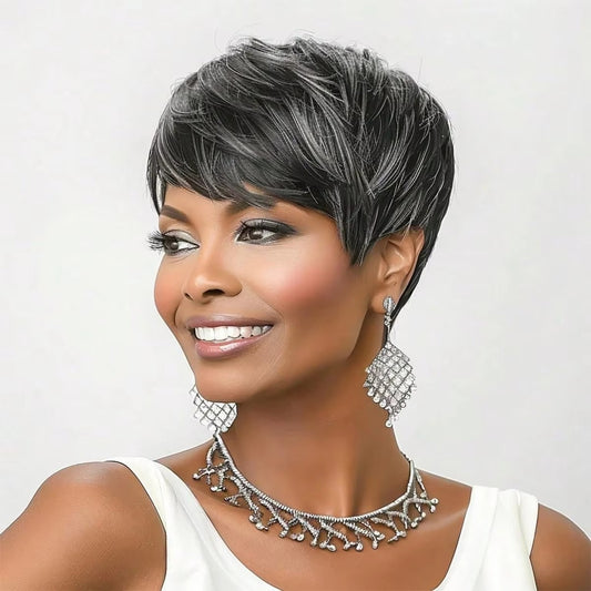Black Mixed Grey Short Pixie Cut Synthetic Wig with Bangs