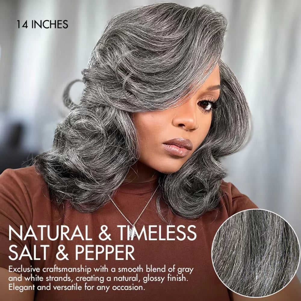 Layered Wave Salt & Pepper Human Hair Wig | 5x5 Pre-Cut Glueless Lace