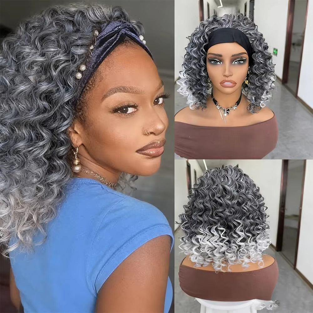 Grey Afro Kinky Curly Headband Wig for Women – Glueless Synthetic Deep Wave Wig
