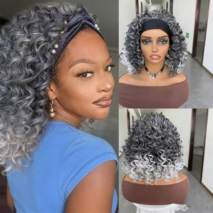 Grey Afro Kinky Curly Headband Wig for Women – Glueless Synthetic Deep Wave Wig
