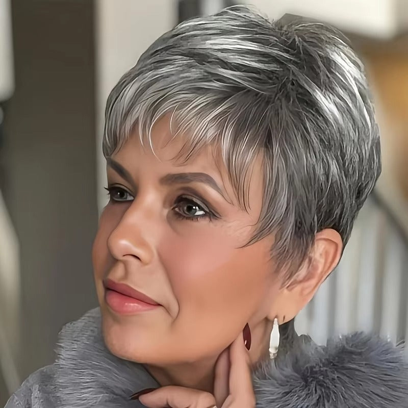 Silver Grey Short Pixie Cut Human Hair Wig with Bangs