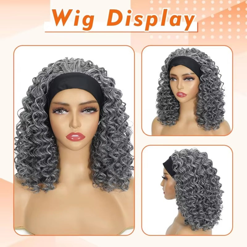 12" Grey Headband Wig – Short Curly Deep Wave Synthetic Wig