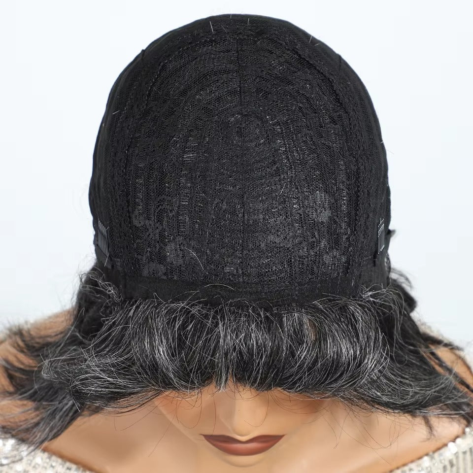 Salt and Pepper Gray Short Pixie Cut Human Hair Wig with Bangs