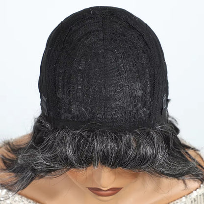 Salt and Pepper Gray Short Pixie Cut Human Hair Wig with Bangs