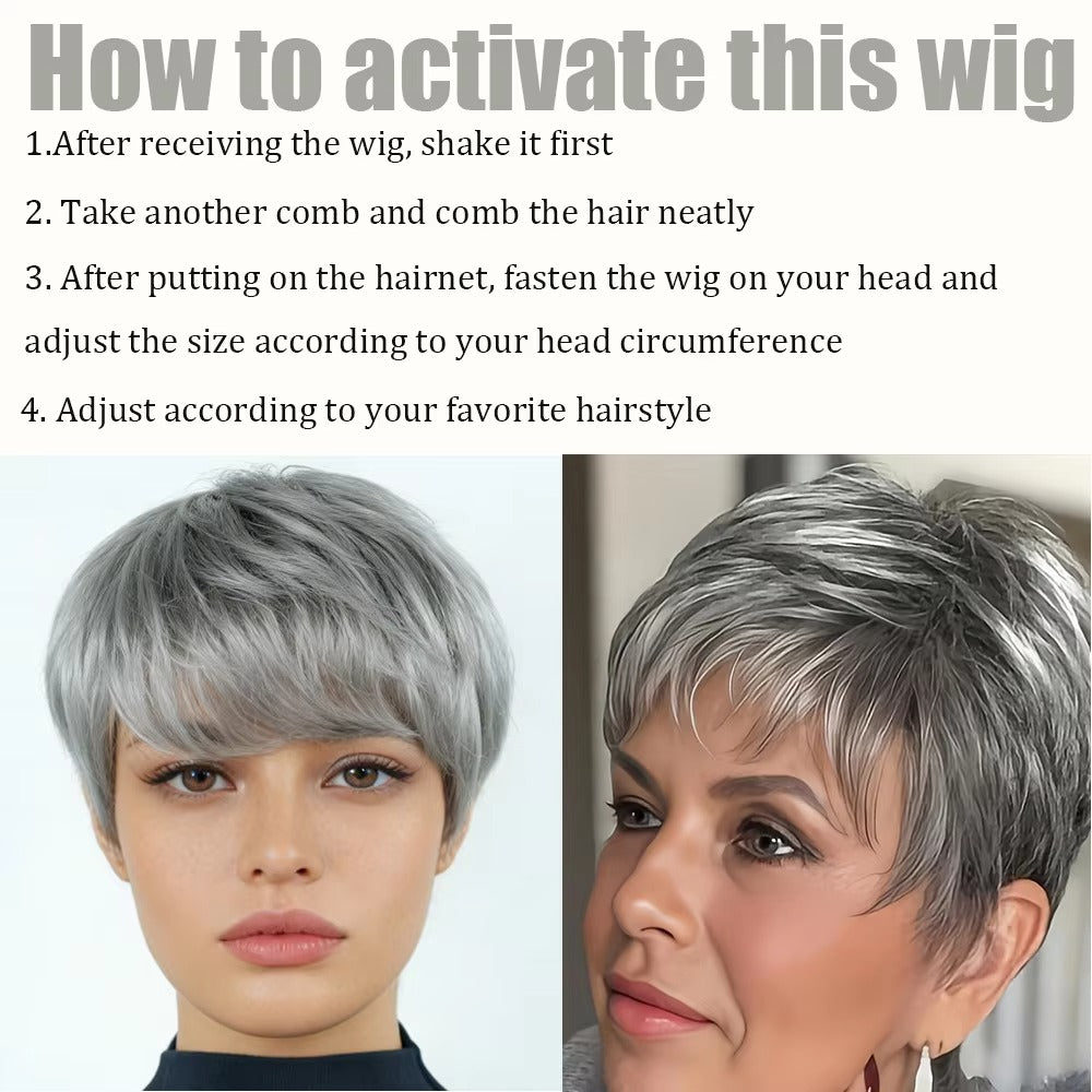 Silver Grey Short Pixie Cut Human Hair Wig with Bangs