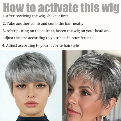 Silver Grey Short Pixie Cut Human Hair Wig with Bangs