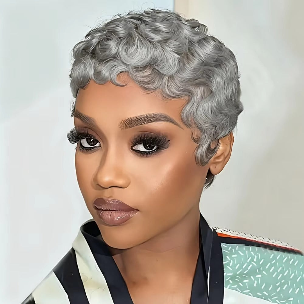 613 Blonde Short Curly Pixie Cut Human Hair Wig with Bangs