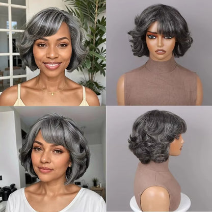 Premium Curly Bob Human Hair Wig 8” Grey with Bangs | Brazilian Remy Short Wig for Women Daily Use