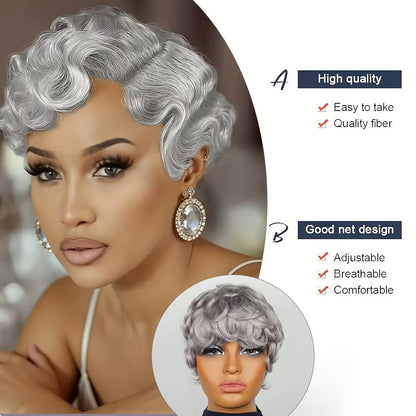 Gray Short Finger Wave Pixie Cut Human Hair Wig for Women