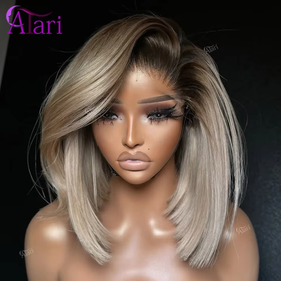 Ash Blonde Bob Wig Human Hair with Brown Roots | 13x4 Transparent Lace Frontal Pre-Plucked Wig