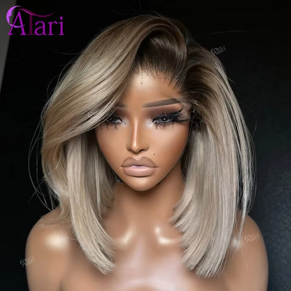 Ash Blonde Bob Wig Human Hair with Brown Roots | 13x4 Transparent Lace Frontal Pre-Plucked Wig