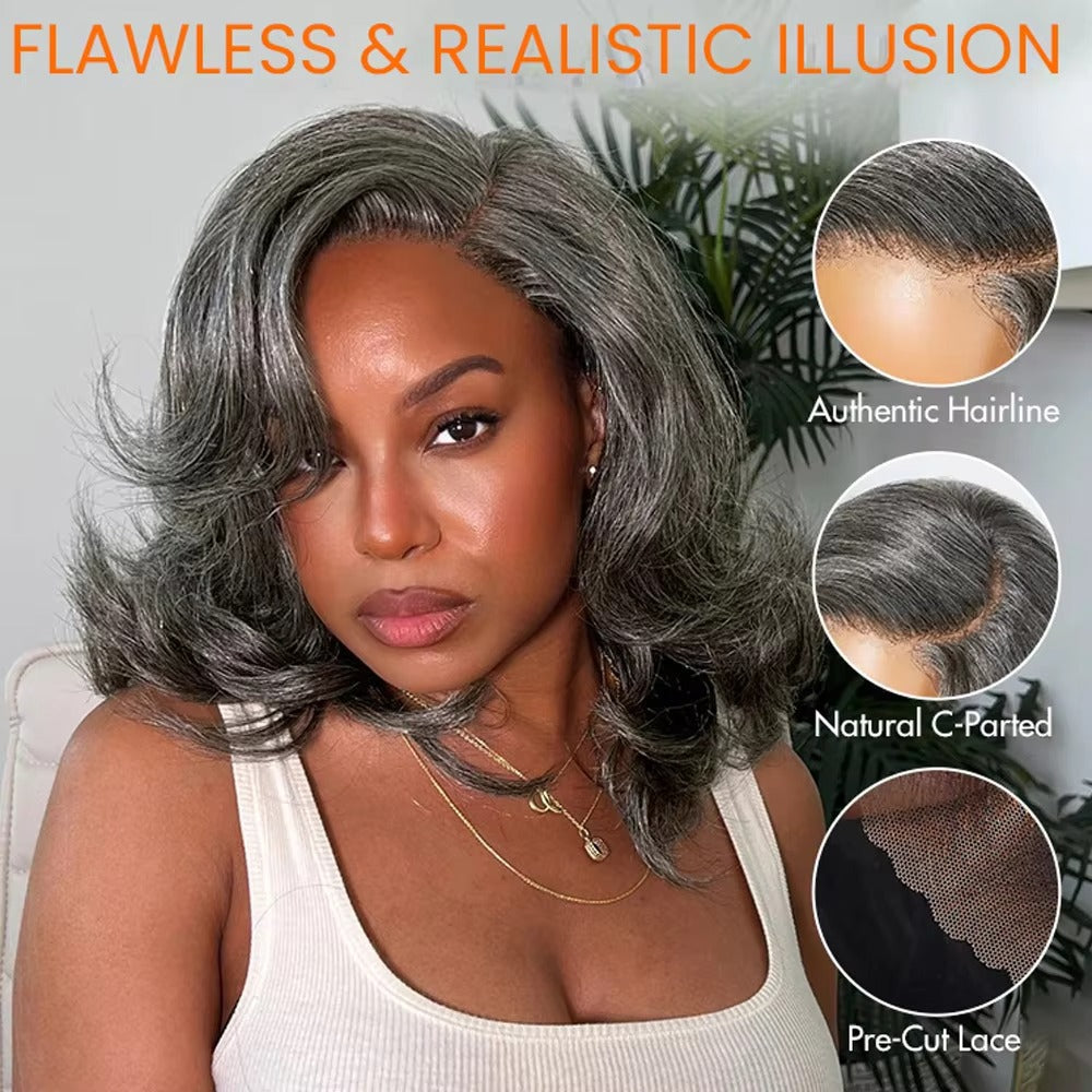 Layered Wave Salt & Pepper Human Hair Wig | 5x5 Pre-Cut Glueless Lace