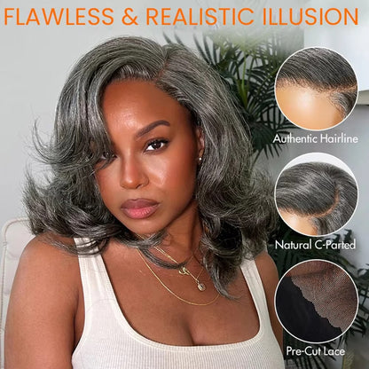 Layered Wave Salt & Pepper Human Hair Wig | 5x5 Pre-Cut Glueless Lace