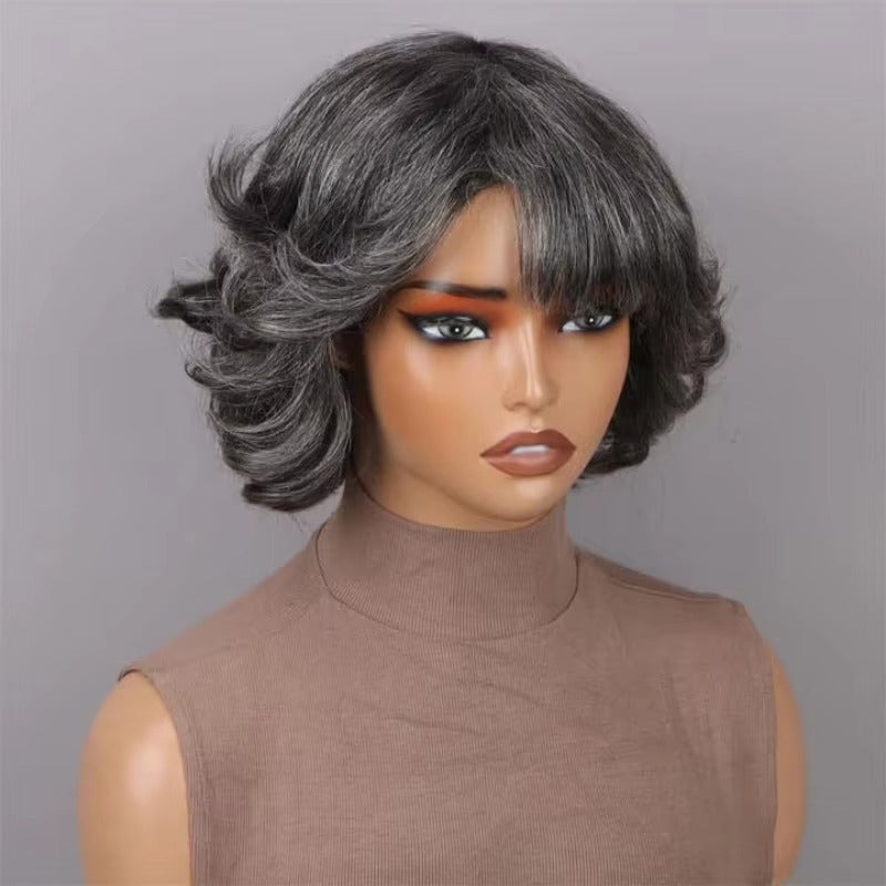 Premium Curly Bob Human Hair Wig 8” Grey with Bangs | Brazilian Remy Short Wig for Women Daily Use