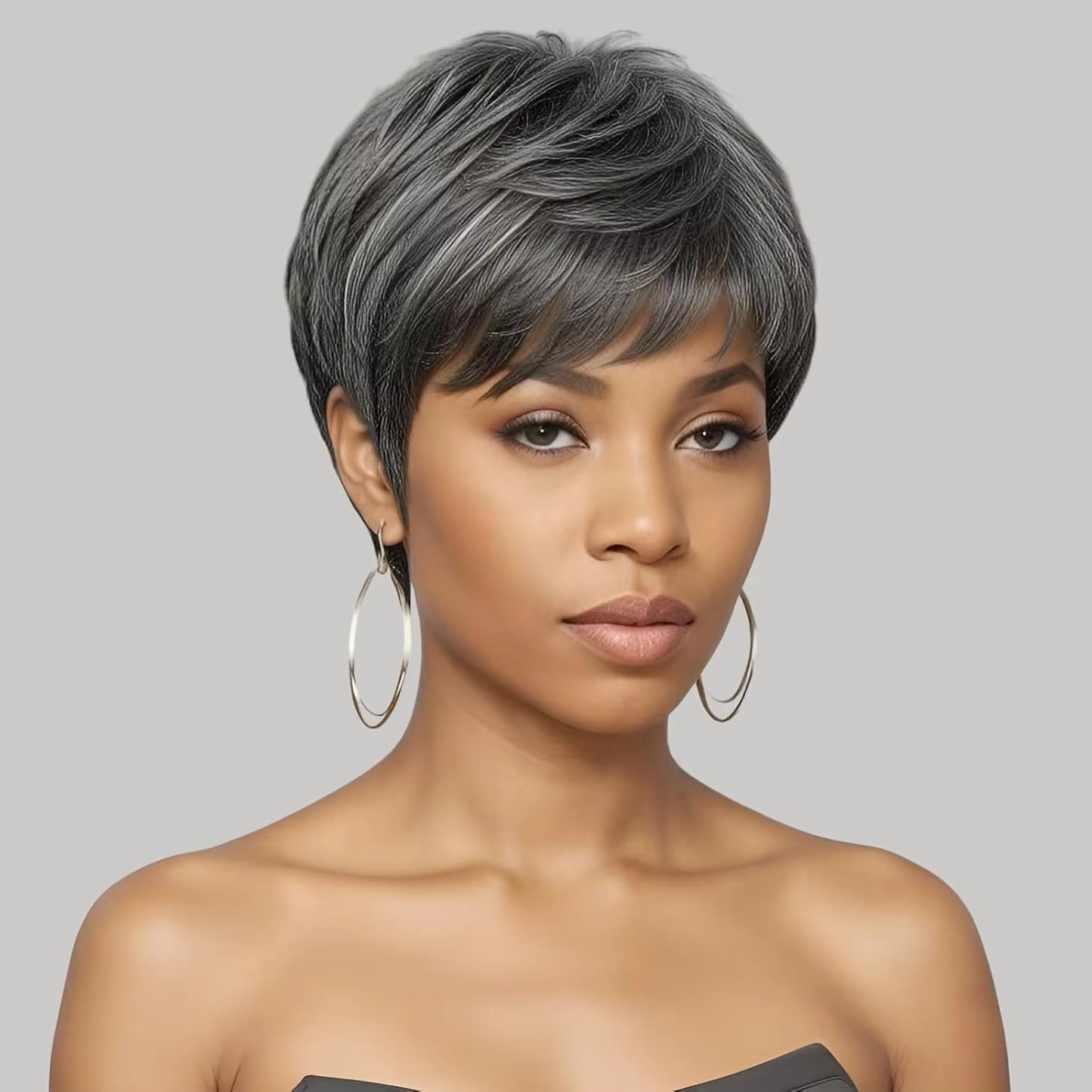 Ombre Grey Short Pixie Cut Human Hair Wig with Bangs