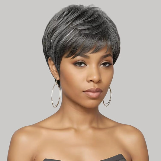 Ombre Grey Short Pixie Cut Human Hair Wig with Bangs
