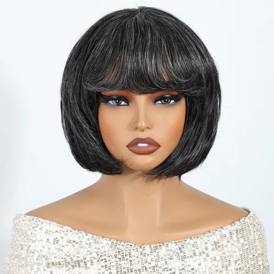 Salt and Pepper Gray Short Pixie Cut Human Hair Wig with Bangs
