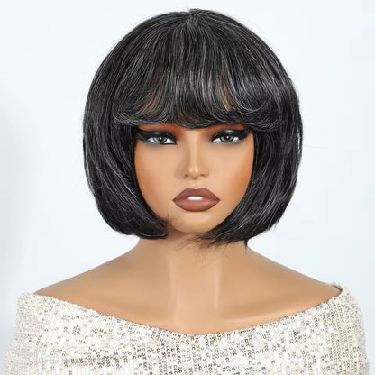 Salt and Pepper Gray Short Pixie Cut Human Hair Wig with Bangs