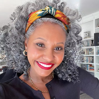 12" Grey Headband Wig – Short Curly Deep Wave Synthetic Wig
