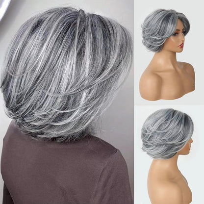 Bright Silver Gray Layered Bob Synthetic Wig with Curtain Bangs