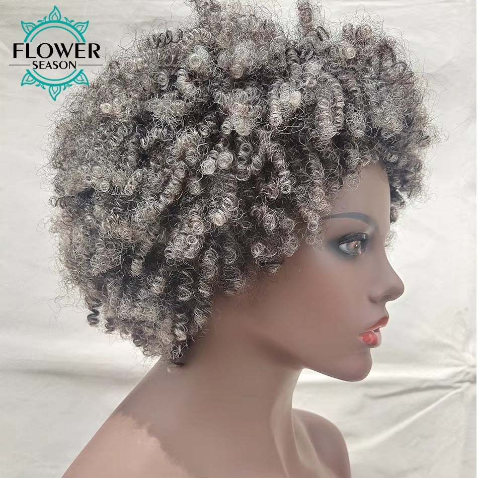 Short Afro Kinky Curly Grey Wig – 180% Density Machine Made Bob