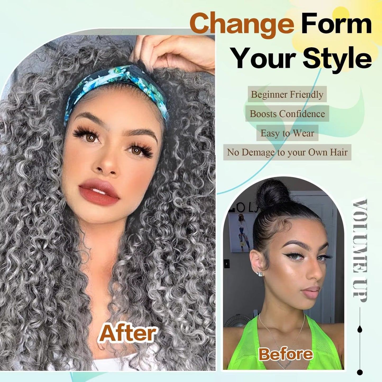 16" Grey Afro Kinky Curly Headband Wig – Synthetic Full Wig