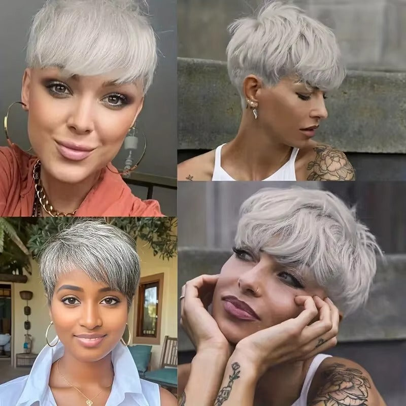 Ombre Grey Short Pixie Cut Human Hair Wig with Bangs